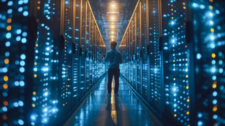 Serious young man in a datacenter using a mobile phone.の素材