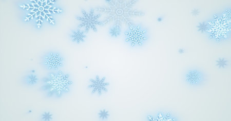 Christmas festive bright New Year background of blue glowing winter beautiful falling flying snowflakes patterns on white background.の写真素材