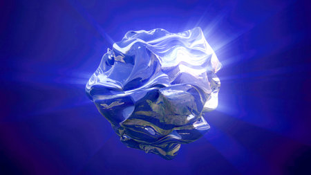 Blue energy magic sphere round high-tech digital iridescent morphing ball of liquid metal with light rays lines and energy particles. Abstract background.の写真素材