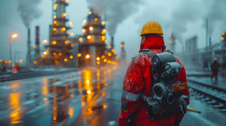 Worker standing in front of petrochemical plant. Oil and gas industry.の素材