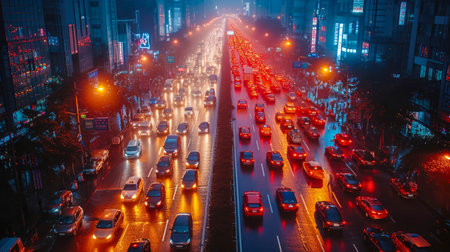 Highway with moving cars at night, cityscape background.の素材