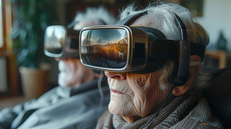 Old man with glasses of virtual reality. Close-up portrait.の素材