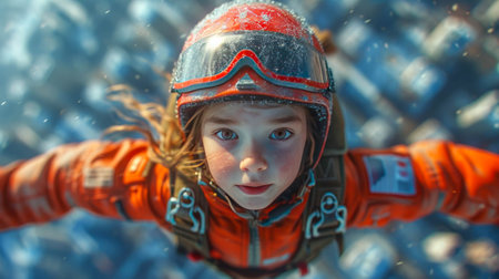 The girl is flying in the sky. She is dressed in a red jacket and helmet.の素材