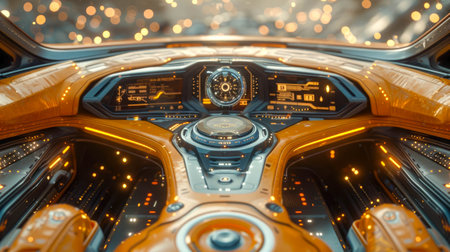 Modern car interior details. Steering wheel and dashboard.の素材