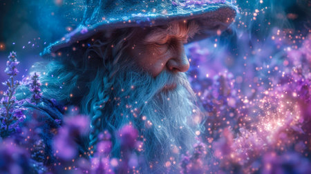 Portrait of an old man sage with a wizard beard wielding powerful magic fantasy character.の素材