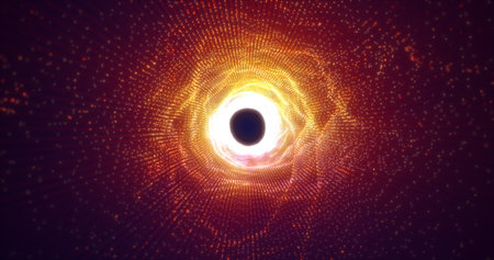 Abstract glowing light hi-tech energy yellow tunnel frame of lines and particles tunnel futuristic, abstract background.の写真素材