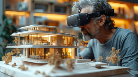 Senior man wearing virtual reality goggles in a shopping mall. Technology and entertainment concept.の素材