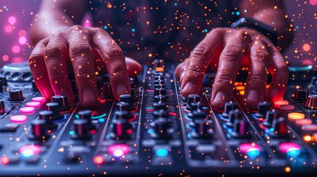 Professional audio mixing console in nightclub. Close up of sound equipment.の素材