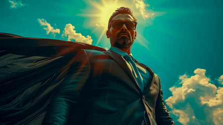 Superhero with red cape on blue sky background.の素材