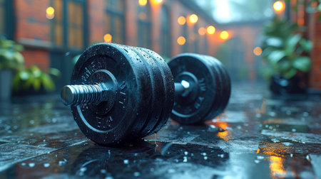 Dumbbells on the floor in a gym, close-up. Selective focus.の素材
