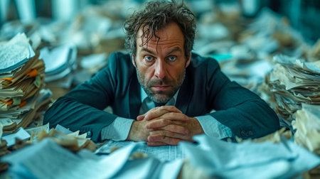Businessman working at his desk in the office. He is surrounded by piles of paper.の素材