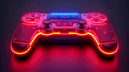 Gamepad for video computer games with blue neon light.の素材