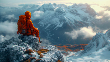 hiker with a backpack sits on the edge of a cliff and looks into the distance.の素材