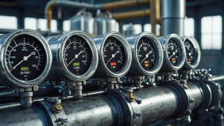Close up of gauge gas in boiler room. Selective focus.の素材