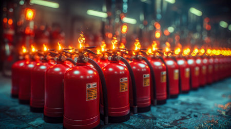 Red fire extinguishers in a row with bokeh background.の素材