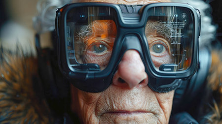 Old man with glasses of virtual reality. Close-up portrait.の素材