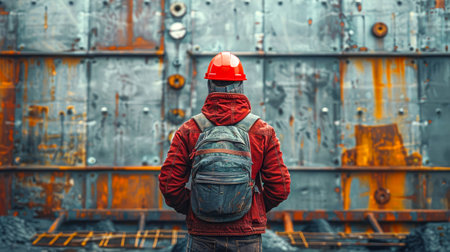 Portrait of a worker in a hardhat and with a backpack standing against the background of an old rusty iron wall.の素材