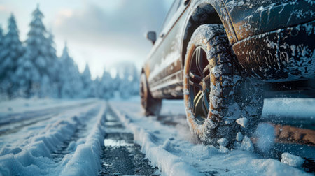 Winter tires on the snow road. Car tires in the snow.の素材