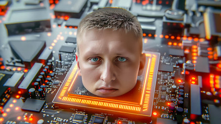 Cyborg face and electronic board close up.の素材