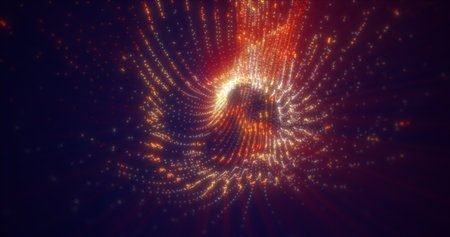Shiny yellow fire energy tunnel hi-tech futuristic magical glowing bright round frame abstract background.の写真素材