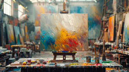 Painting palette with brushes and oil paints on a wooden background.の素材