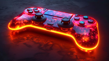Gamepad for video computer games with blue neon light.の素材