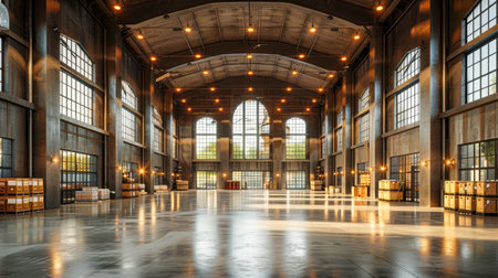 Warehouse interior with shelves and boxes in a modern factory building.の素材