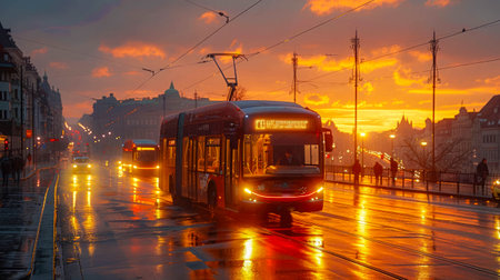 Bus on the road in the rain at sunset.の素材
