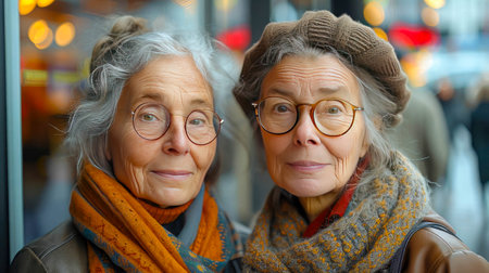 Portrait of two senior women wearing eyeglasses in the city.の素材