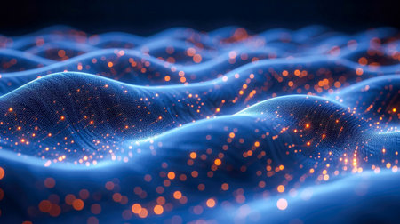 abstract digital wave with glowing particles. Futuristic shape with depth of field and bokeh.の素材