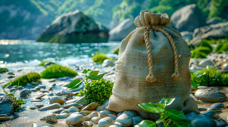 Sack of seashells on the seashore at sunset, beach bag and seashells on the seashore.の素材
