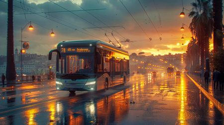Bus on the road in the rain at sunset.の素材