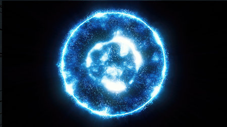 Blue energy magic sphere round hi-tech light digital ball space planet star made of futuristic light...
