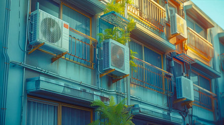 Outdoor unit of air conditioner in the garden at sunset.の素材