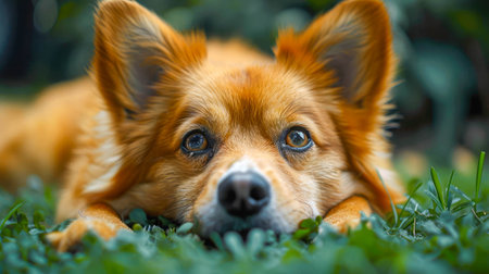 Dog lying on the grass and looking at the camera.の素材