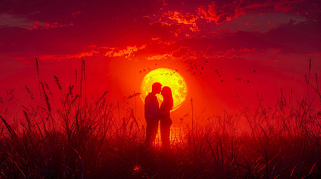 Romantic couple on the lake at sunset.の素材