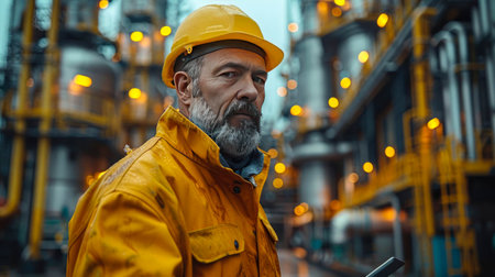 Portrait of a male construction worker in a helmet and vest on a construction site.の素材