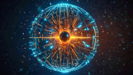 Glowing crystal ball with lines and dots on dark background.の素材