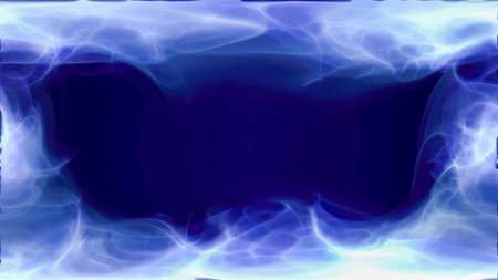 Blue purple energy magic frame made of futuristic waves and lines of liquid plasma smoke particles. Abstract background.の写真素材