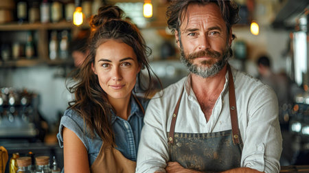 Portrait of handsome male barista in apron looking at camera and smiling while standing in cafe.の素材