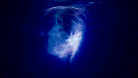 Blue purple energy magic waves and lines of liquid plasma smoke particles futuristic. Abstract background.の写真素材