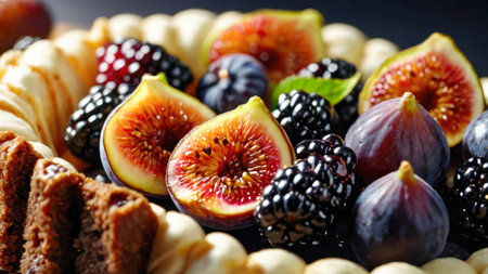 Cheesecake with blackberries, blueberries and figs on a cake stand.の素材