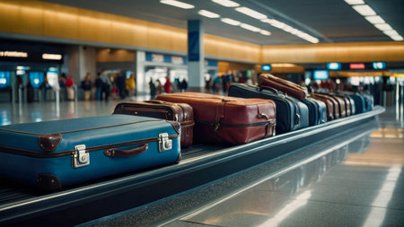 Suitcases on the escalator in the airport. Travel concept.の素材