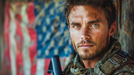 Portrait of a man with a gun in his hand. Selective focus.の素材