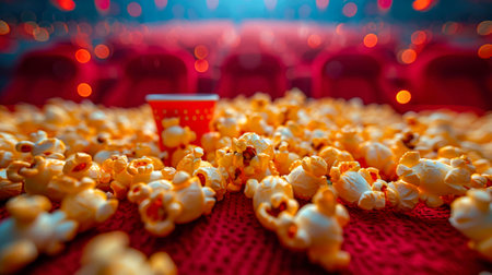 Popcorn in a red bucket in the cinema hall. Cinema concept.の素材