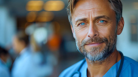 Portrait of confident senior doctor with colleagues in background at hospital corridor.の素材
