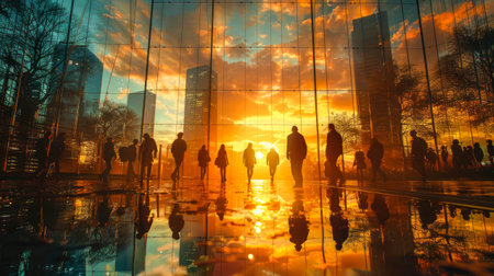 A futuristic city with glass windows and lights.の素材