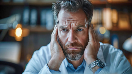Portrait of senior male doctor sitting at table in his office.の素材