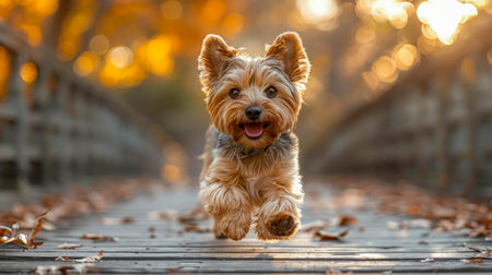Yorkshire Terrier dog running on a wooden bridge in autumn.の素材