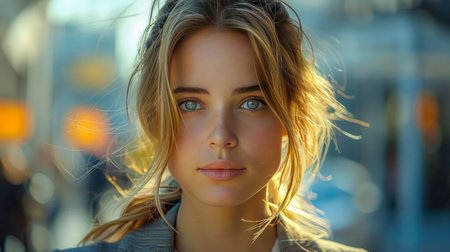 Portrait of a beautiful young woman in the city at sunset.の素材